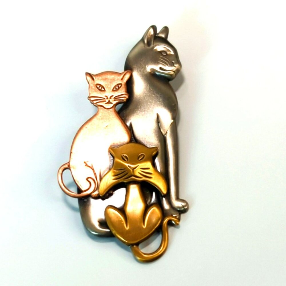 Vintage K&T Mixed Metal Tricolor Cats Brooch Pin 3 Inches
